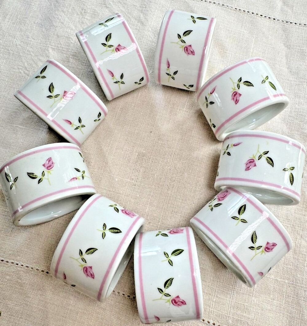 9 Porcelain Rose Napkin Rings Green / Pink, Andre Richard, Grandma Cottage Core